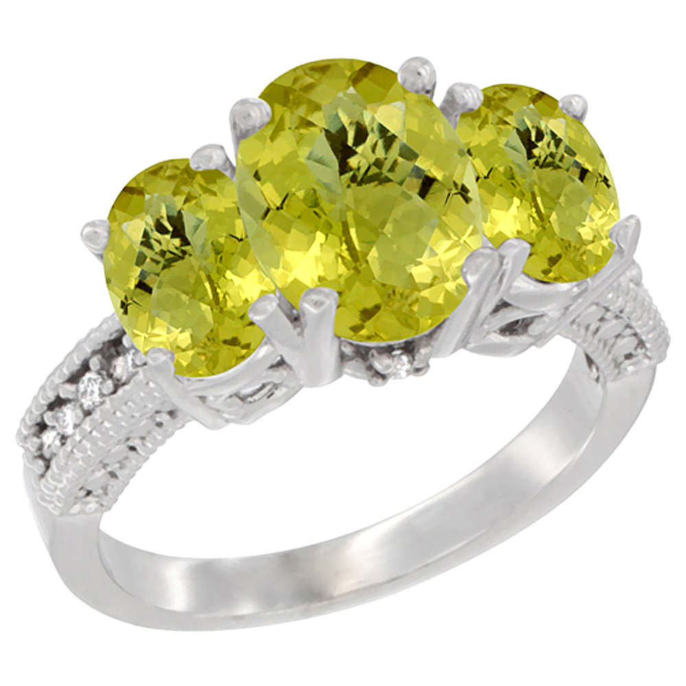 14K White Gold Diamond Natural Lemon Quartz Ring 3-Stone Oval 8x6mm, sizes5-10