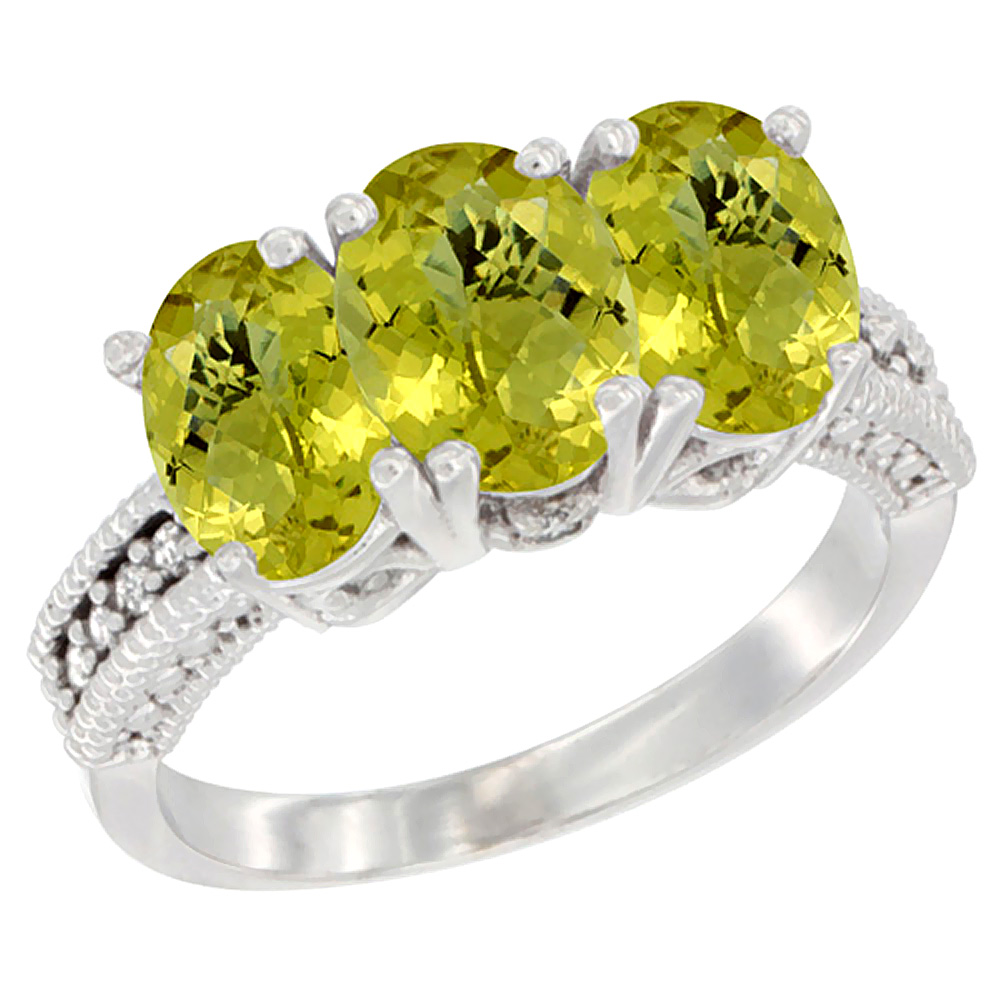 14K White Gold Natural Lemon Quartz Ring 3-Stone 7x5 mm Oval Diamond Accent, sizes 5 - 10