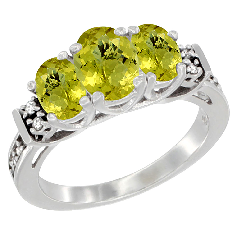 10K White Gold Natural Lemon Quartz Ring 3-Stone Oval Diamond Accent, sizes 5-10