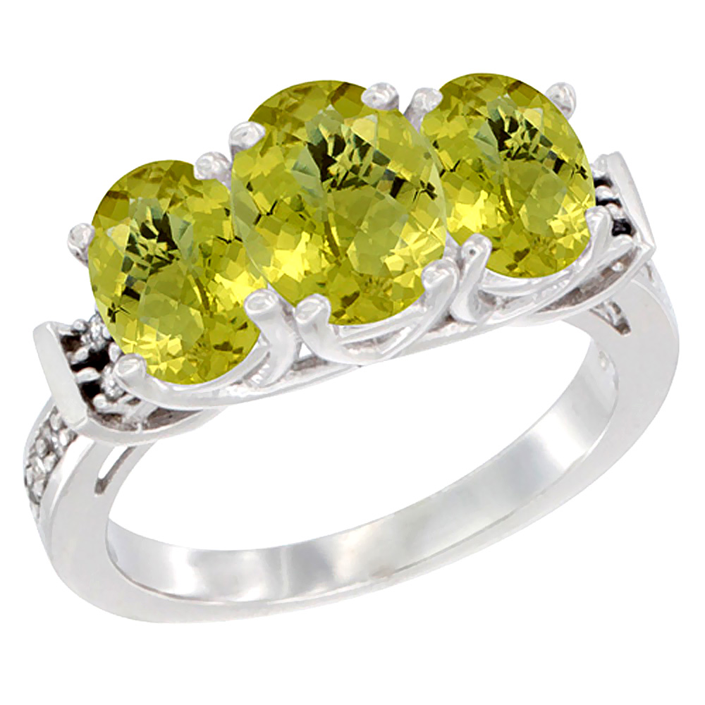 10K White Gold Natural Lemon Quartz Ring 3-Stone Oval Diamond Accent, sizes 5 - 10