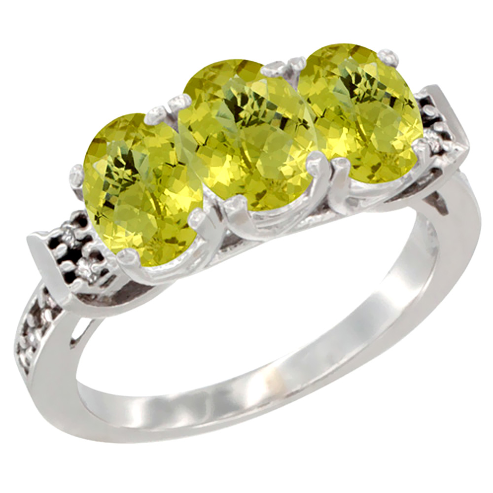 14K White Gold Natural Lemon Quartz Ring 3-Stone 7x5 mm Oval Diamond Accent, sizes 5 - 10