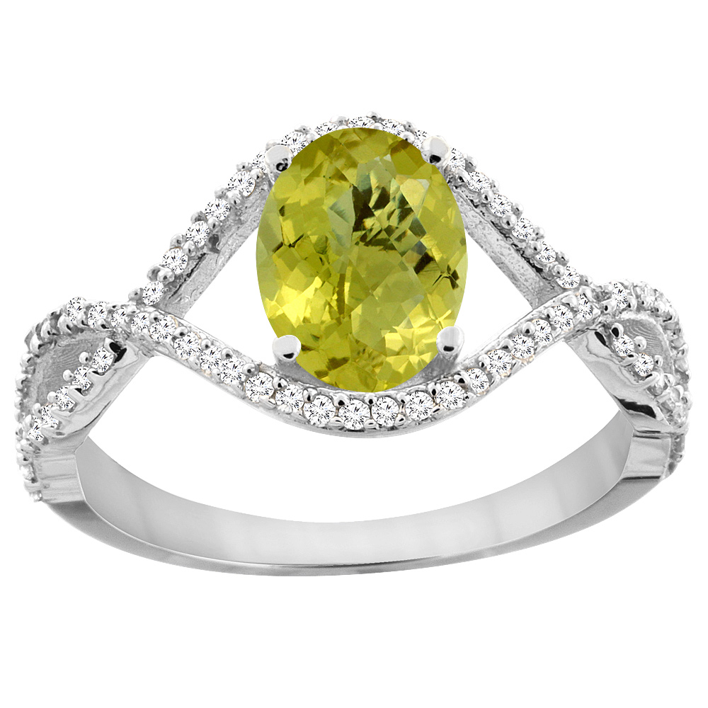 14K White Gold Natural Lemon Quartz Ring Oval 8x6 mm Infinity Diamond Accents, sizes 5 - 10