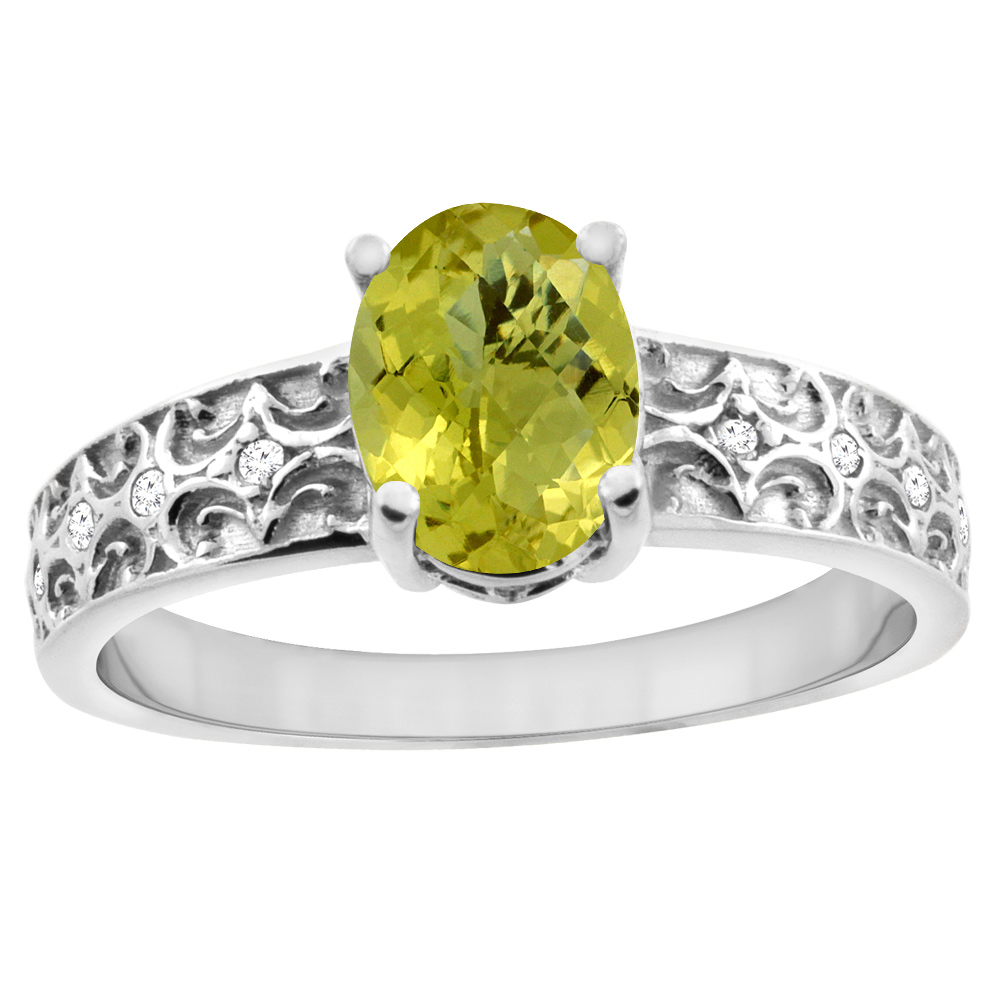 14K White Gold Natural Lemon Quartz Ring Oval 8x6 mm Diamond Accents, sizes 5 - 10