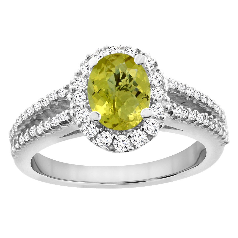 10K White Gold Natural Lemon Quartz Split Shank Halo Engagement Ring Oval 7x5 mm, sizes 5 - 10