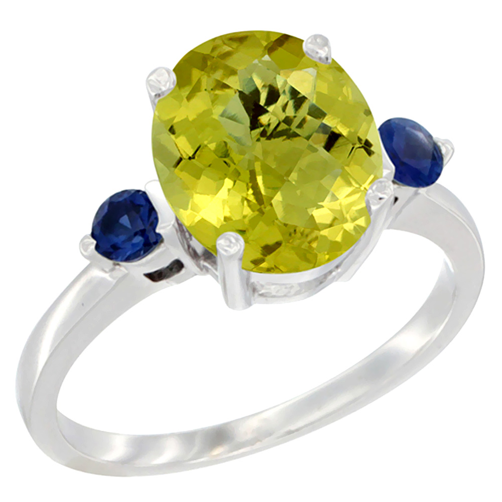 14K White Gold 10x8mm Oval Natural Lemon Quartz Ring for Women Blue Sapphire Side-stones sizes 5 - 10