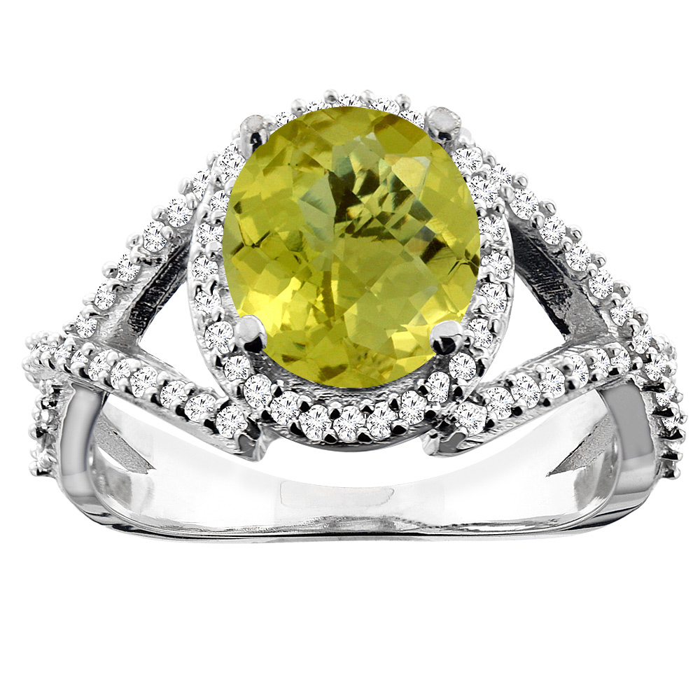 14K White/Yellow/Rose Gold Natural Lemon Quartz Ring Oval 9x7mm Diamond Accent, sizes 5 - 10