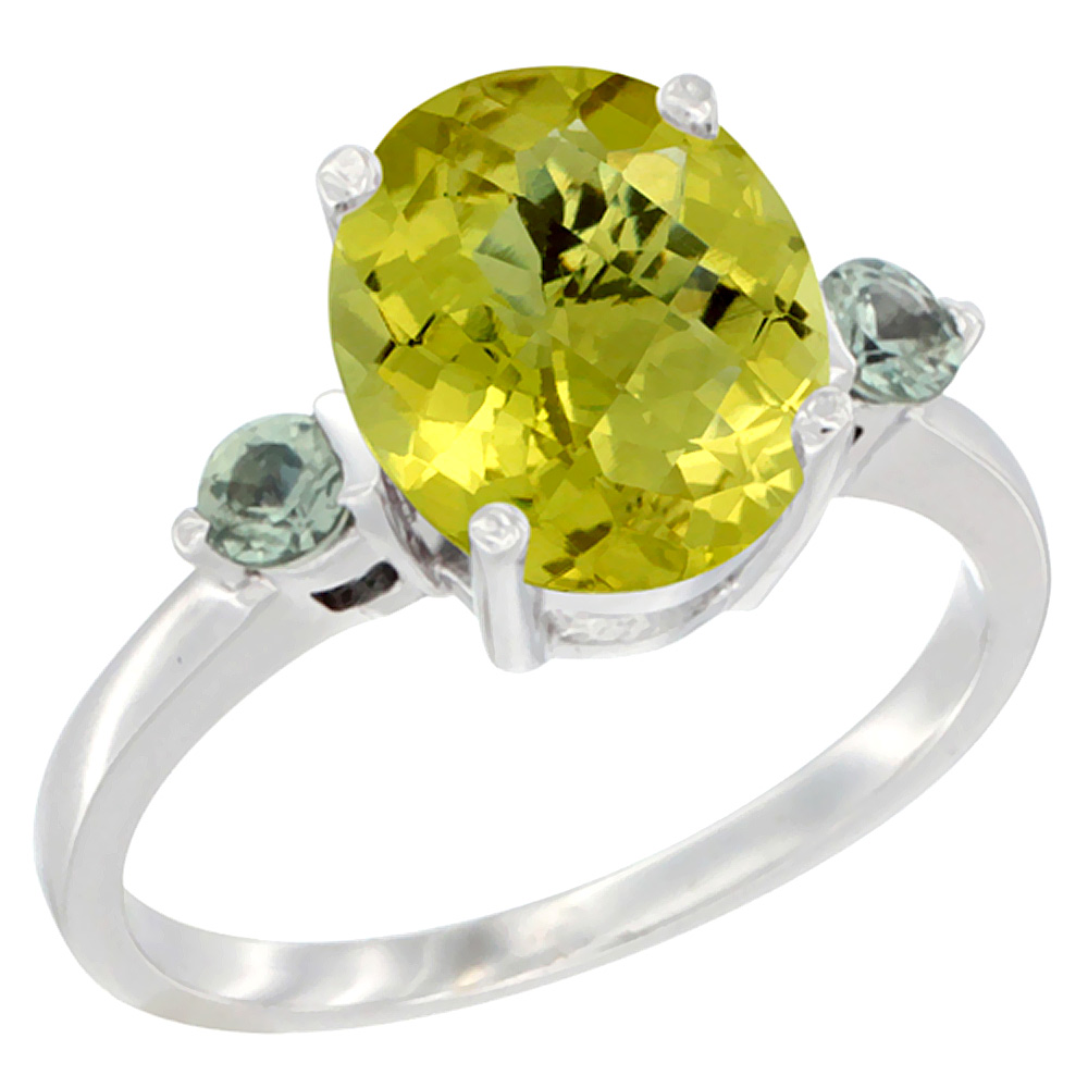 10K White Gold 10x8mm Oval Natural Lemon Quartz Ring for Women Green Sapphire Side-stones sizes 5 - 10