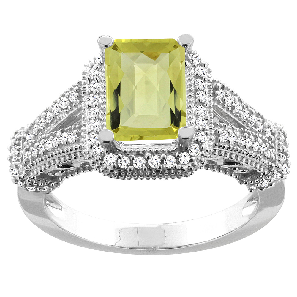 14K White/Yellow/Rose Gold Natural Lemon Quartz Ring Octagon 8x6mm Diamond Accent, sizes 5-10