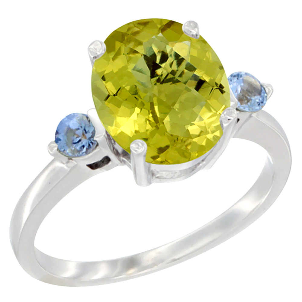 14K White Gold 10x8mm Oval Natural Lemon Quartz Ring for Women Light Blue Sapphire Side-stones sizes 5 - 10