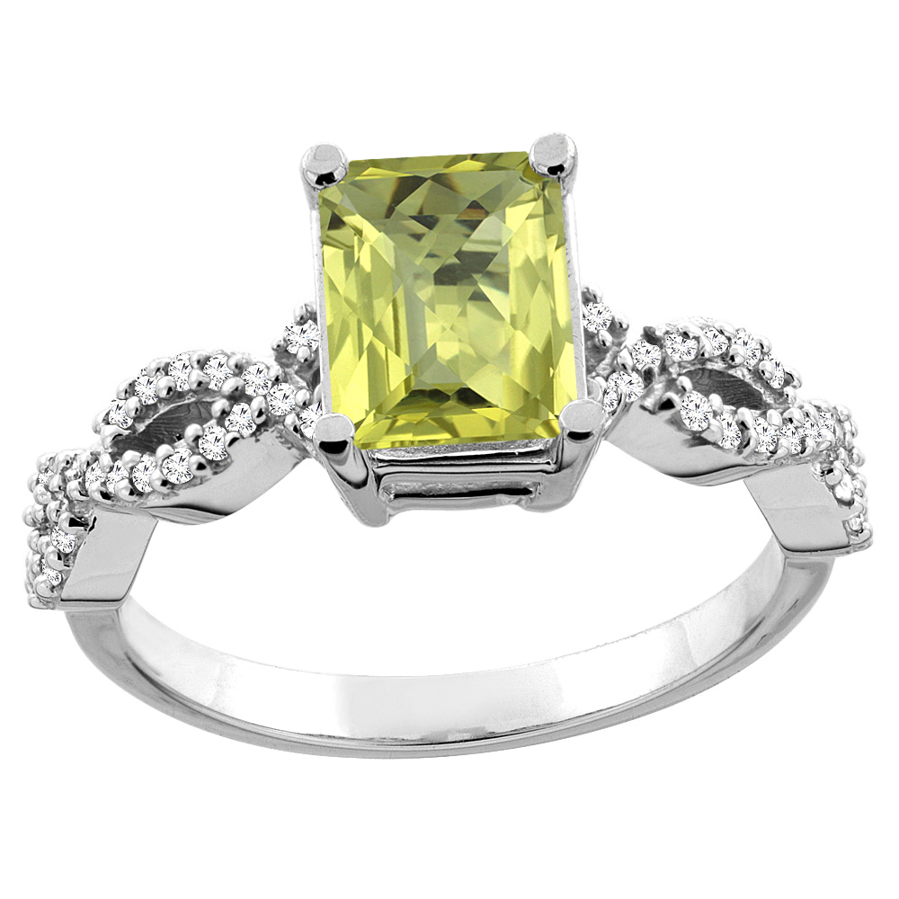 10K White/Yellow Gold Natural Lemon Quartz Eternity Ring Octagon 9x7mm Diamond Accent, sizes 5 - 10