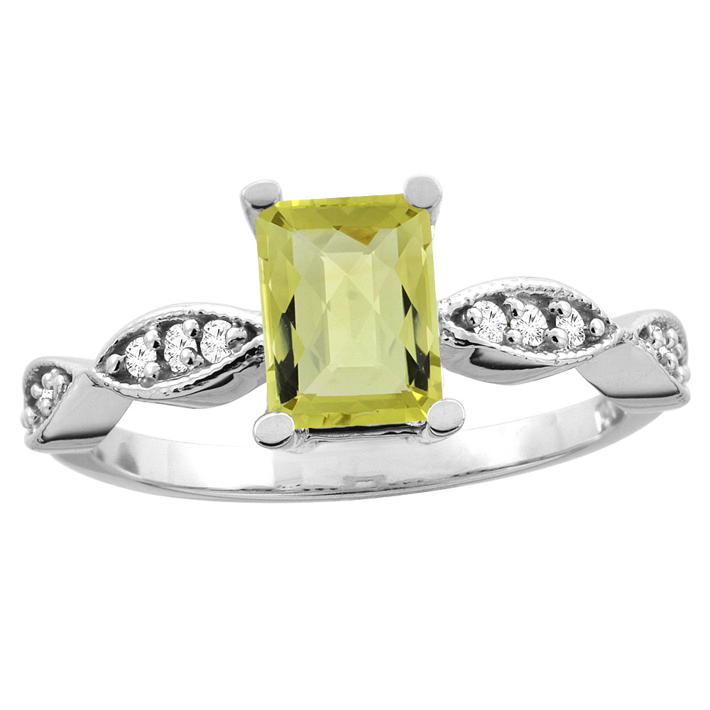 14K White/Yellow Gold Natural Lemon Quartz Ring Octagon 8x6mm Diamond Accent, sizes 5 - 10