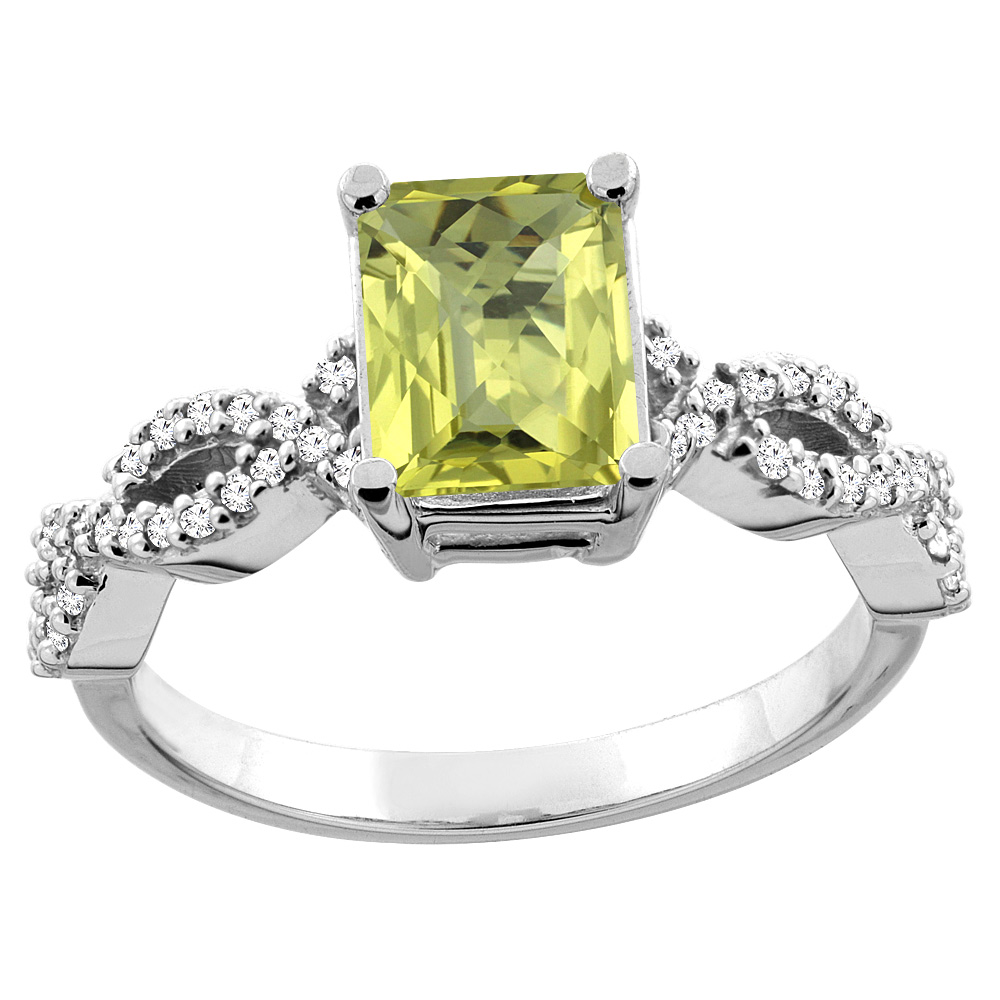 10K White/Yellow Gold/Yellow Gold Natural Lemon Quartz Ring Octagon 8x6mm Diamond Accent, sizes 5 - 10