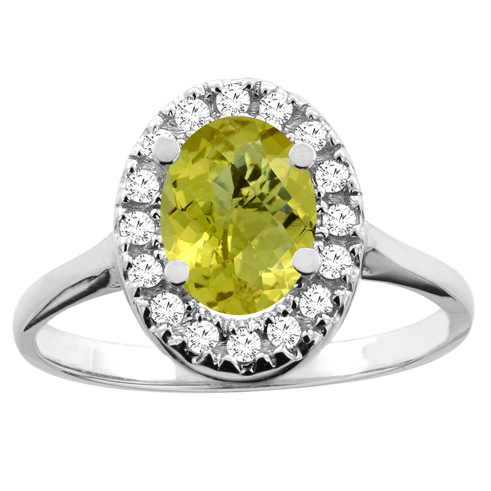 14K White/Yellow Gold Natural Lemon Quartz Ring Oval 8x6mm Diamond Accent, sizes 5 - 10