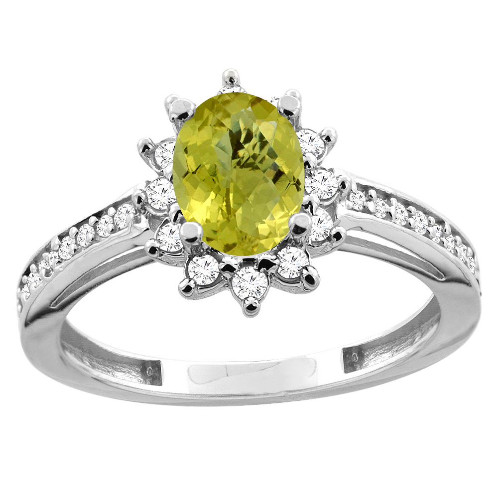 10K White/Yellow Gold Diamond Natural Lemon Quartz Floral Halo Engagement Ring Oval 7x5mm, sizes 5 - 10