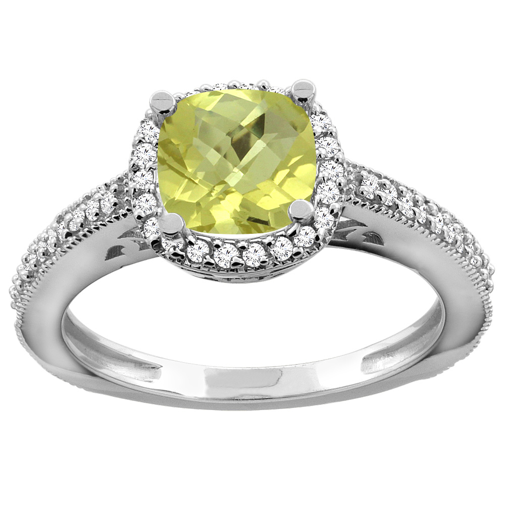 14K Gold Natural Lemon Quartz Engagement Ring Diamond Halo Cushion 7mm, sizes 5 - 10