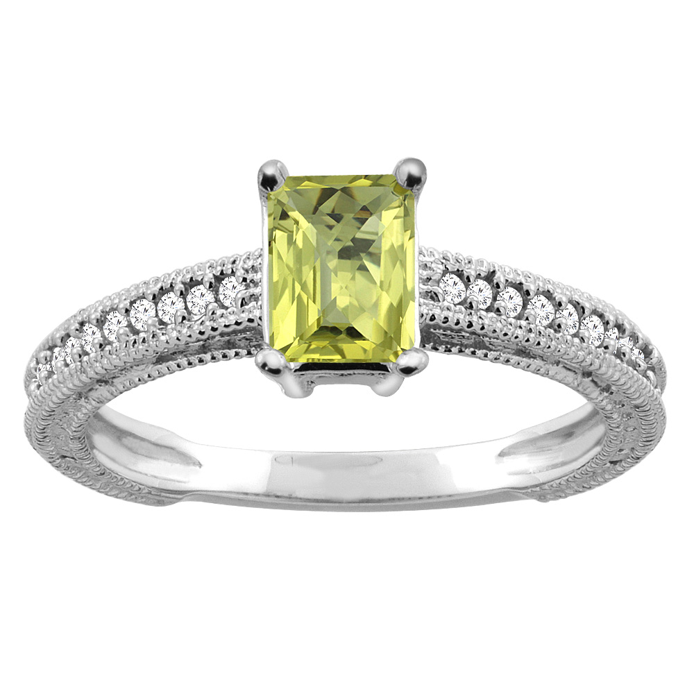 14K Gold Natural Lemon Quartz Engagement Ring Octagon 8x6mm Diamond Accents, sizes 5 - 10