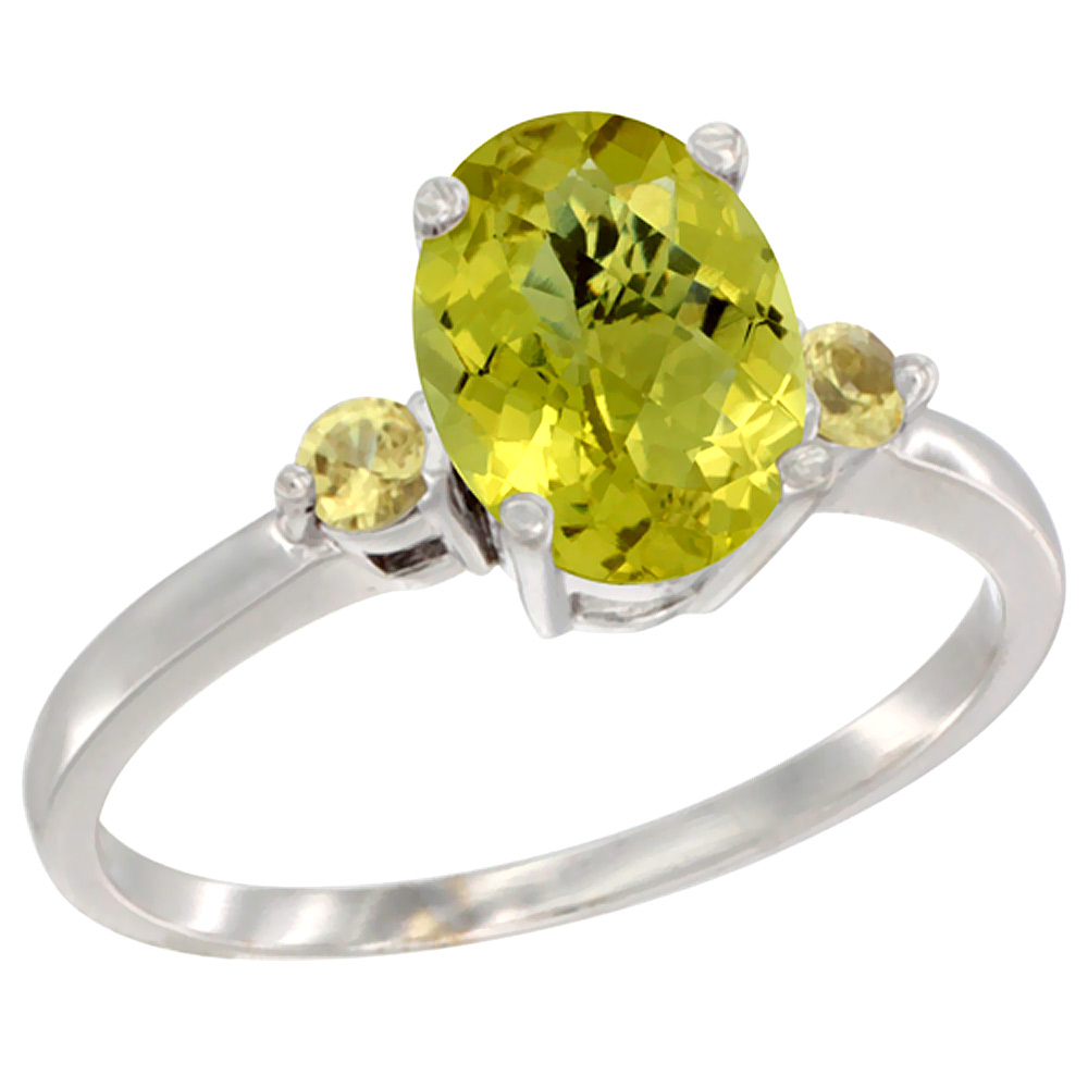 14K White Gold Natural Lemon Quartz Ring Oval 9x7 mm Yellow Sapphire Accent, sizes 5 to 10