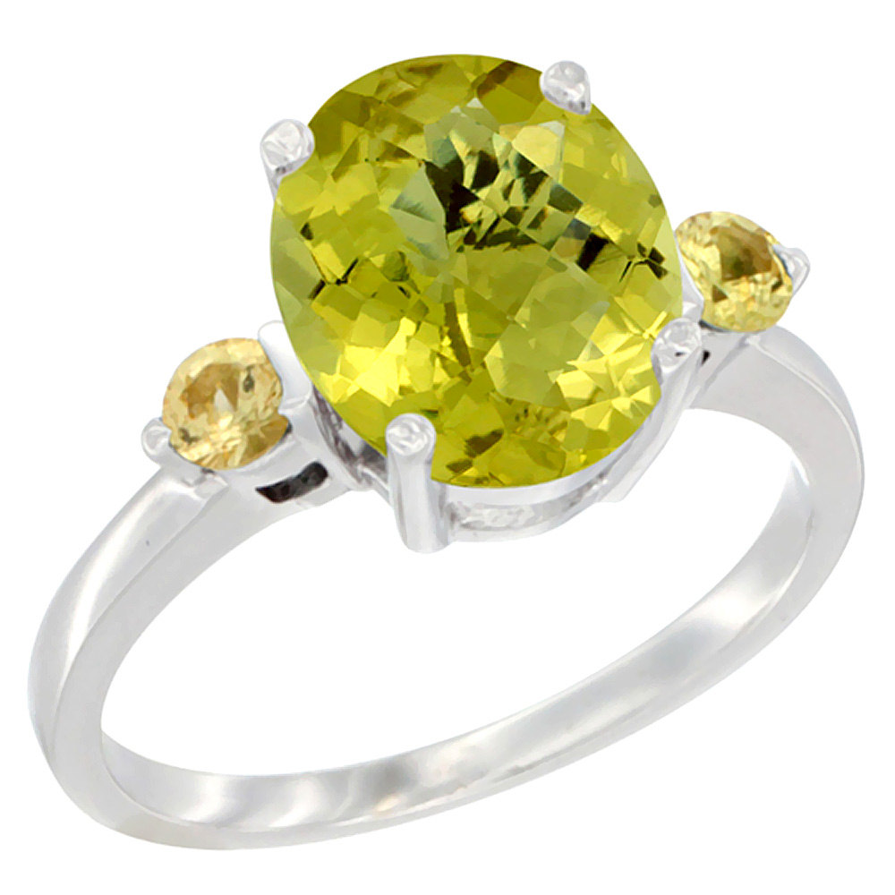 10K White Gold 10x8mm Oval Natural Lemon Quartz Ring for Women Yellow Sapphire Side-stones sizes 5 - 10