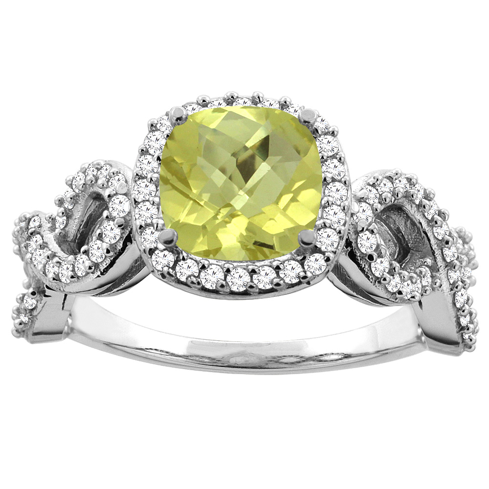 14K White Gold Natural 7mm Cushion Cut Lemon Quartz Engagement Ring for Women Eternity Pattern Diamond Accent sizes 5-10