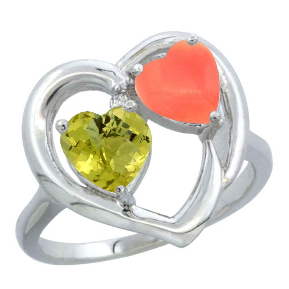 10K White Gold Diamond Two-stone Heart Ring 6mm Natural Lemon Quartz &amp; Coral, sizes 5-10