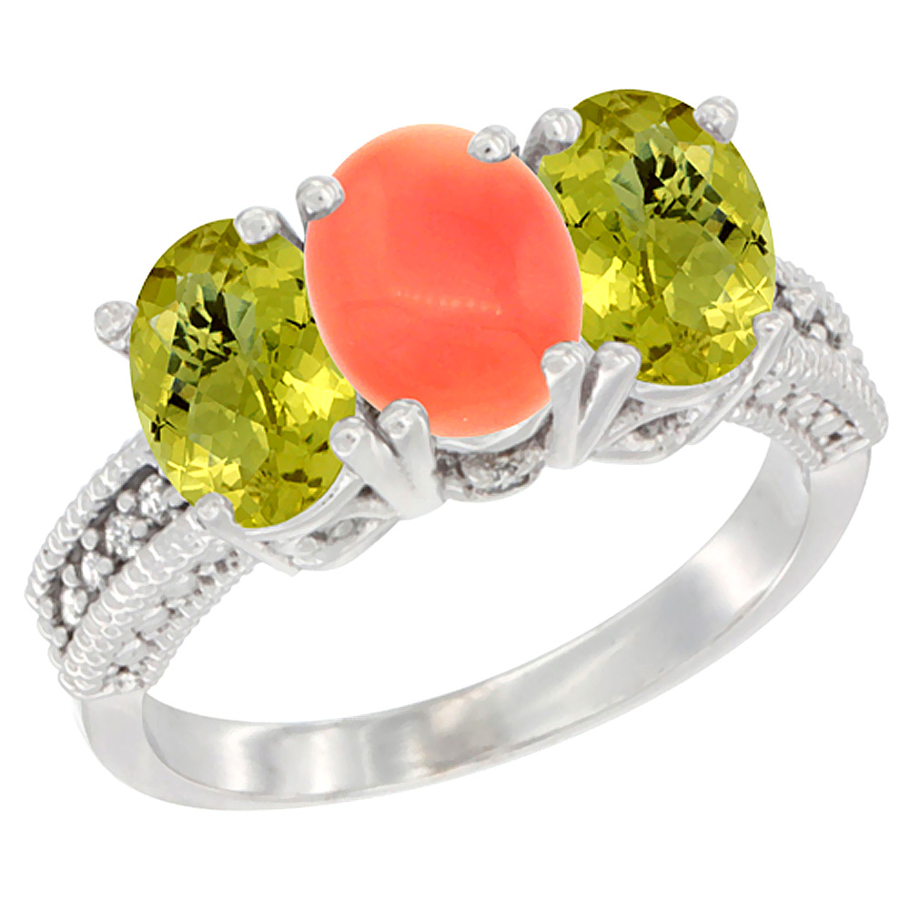 14K White Gold Natural Coral Ring with Lemon Quartz 3-Stone 7x5 mm Oval Diamond Accent, sizes 5 - 10