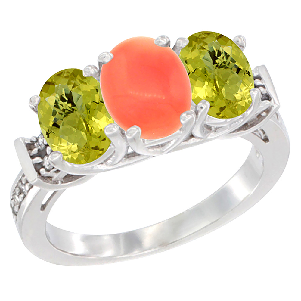 14K White Gold Natural Coral & Lemon Quartz Sides Ring 3-Stone Oval Diamond Accent, sizes 5 - 10