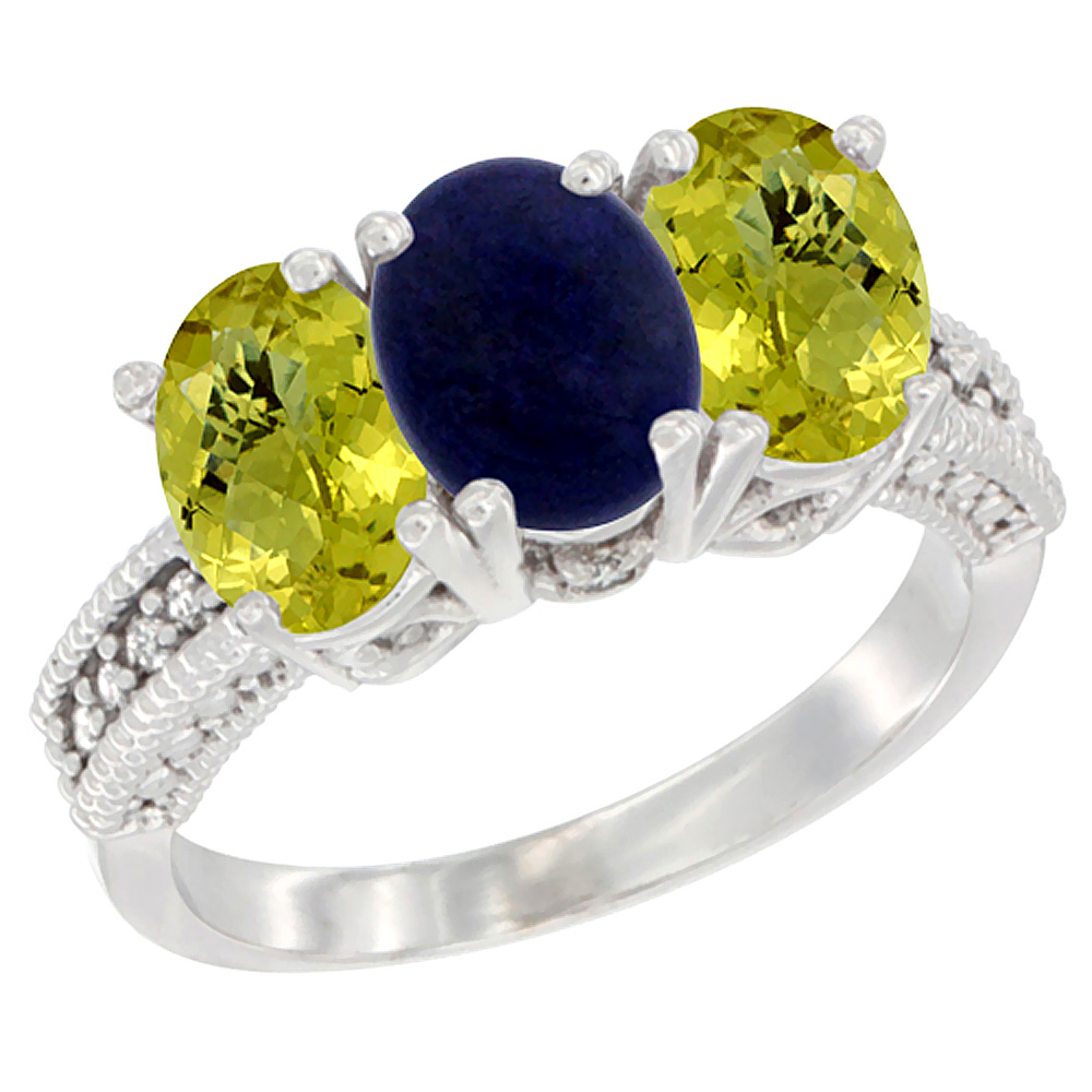 14K White Gold Natural Lapis Ring with Lemon Quartz 3-Stone 7x5 mm Oval Diamond Accent, sizes 5 - 10