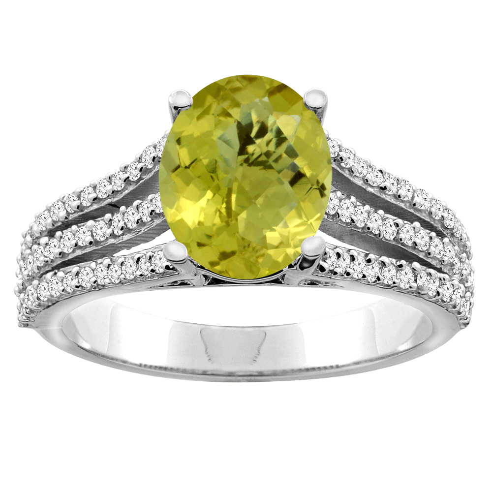 14K White/Yellow Gold Natural Lemon Quartz Tri-split Ring Oval 9x7mm Diamond Accents, sizes 5 - 10