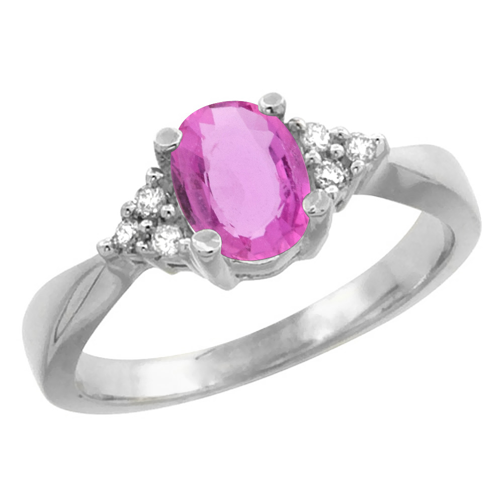 10K White Gold Diamond Natural Pink Sapphire Engagement Ring Oval 7x5mm, sizes 5-10