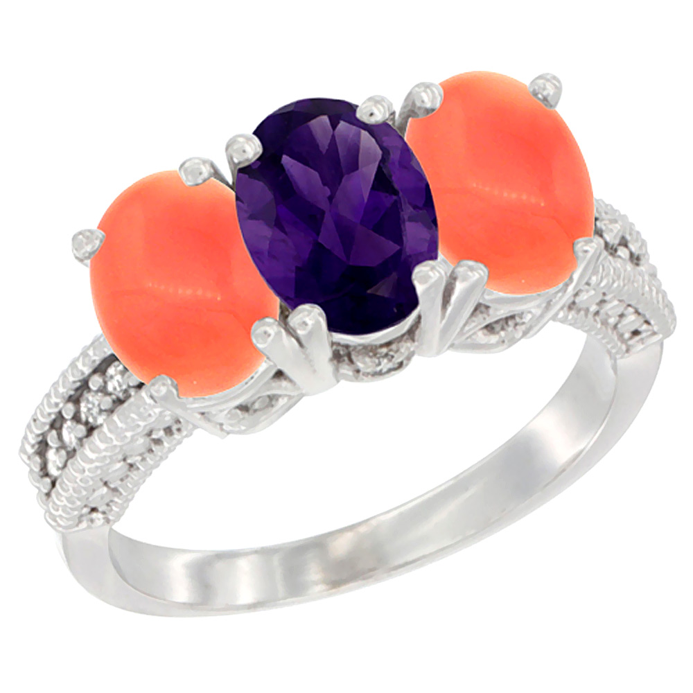 14K White Gold Natural Amethyst Ring with Coral 3-Stone 7x5 mm Oval Diamond Accent, sizes 5 - 10