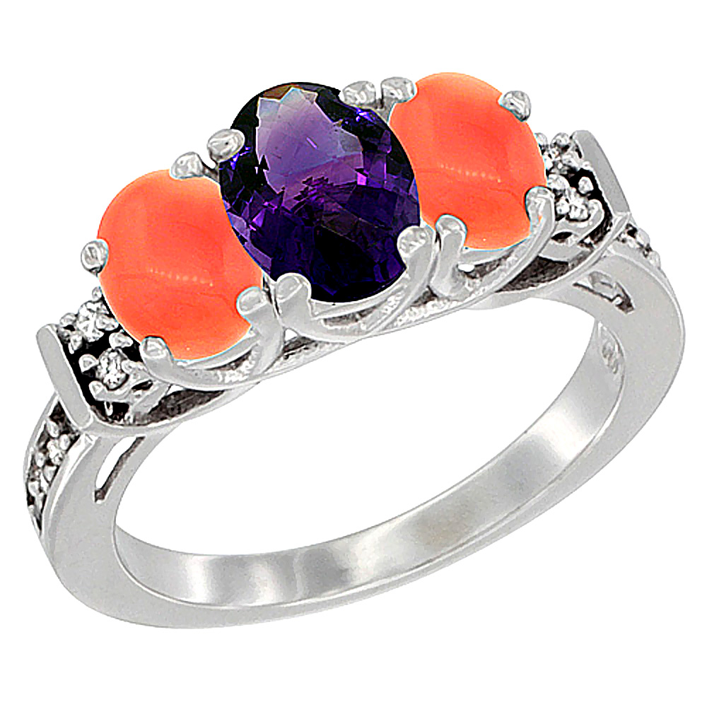 14K White Gold Natural Amethyst &amp; Coral Ring 3-Stone Oval Diamond Accent, sizes 5-10