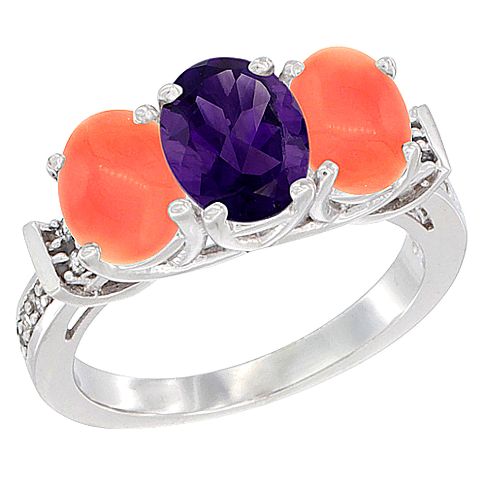 14K White Gold Natural Amethyst & Coral Sides Ring 3-Stone Oval Diamond Accent, sizes 5 - 10