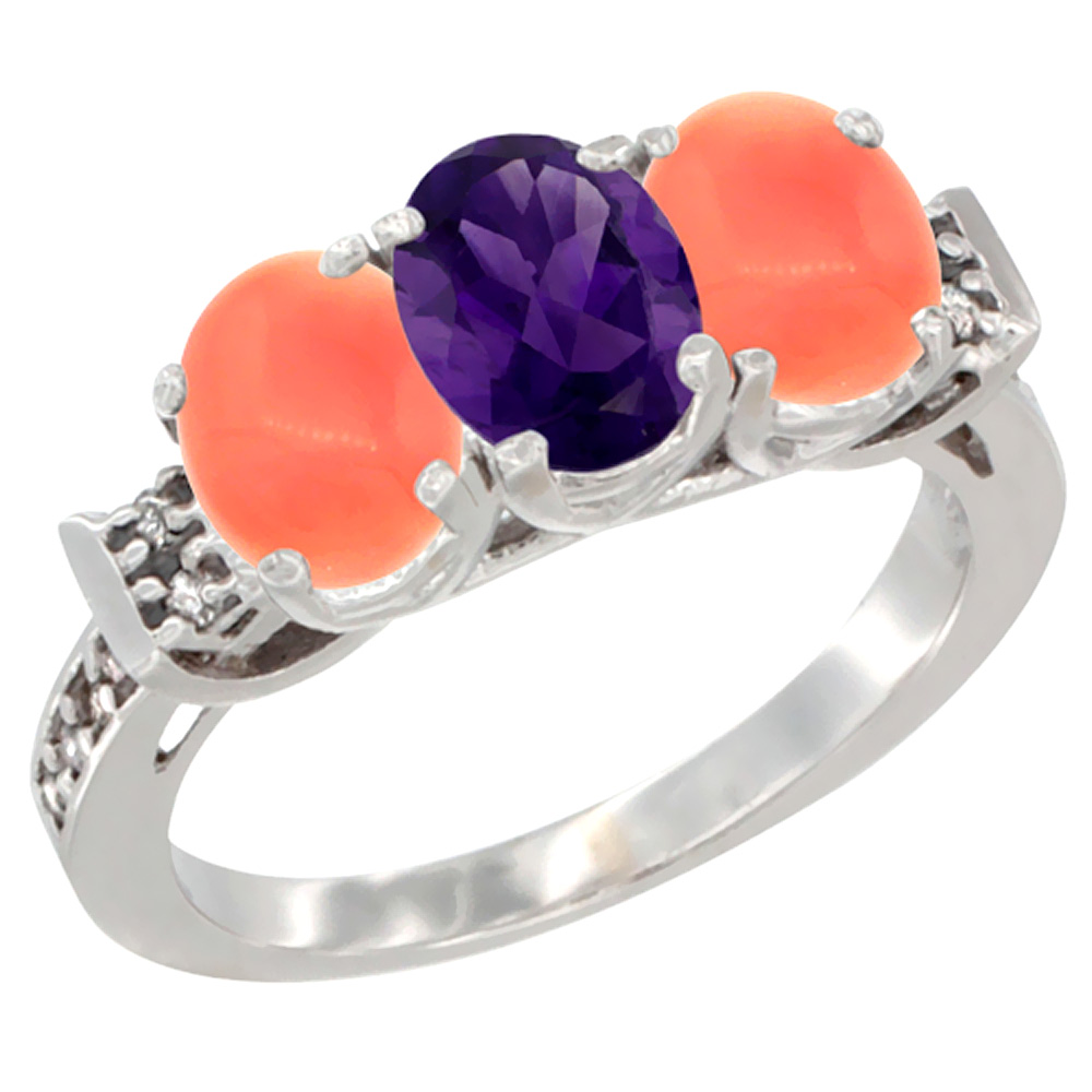 14K White Gold Natural Amethyst &amp; Coral Ring 3-Stone 7x5 mm Oval Diamond Accent, sizes 5 - 10