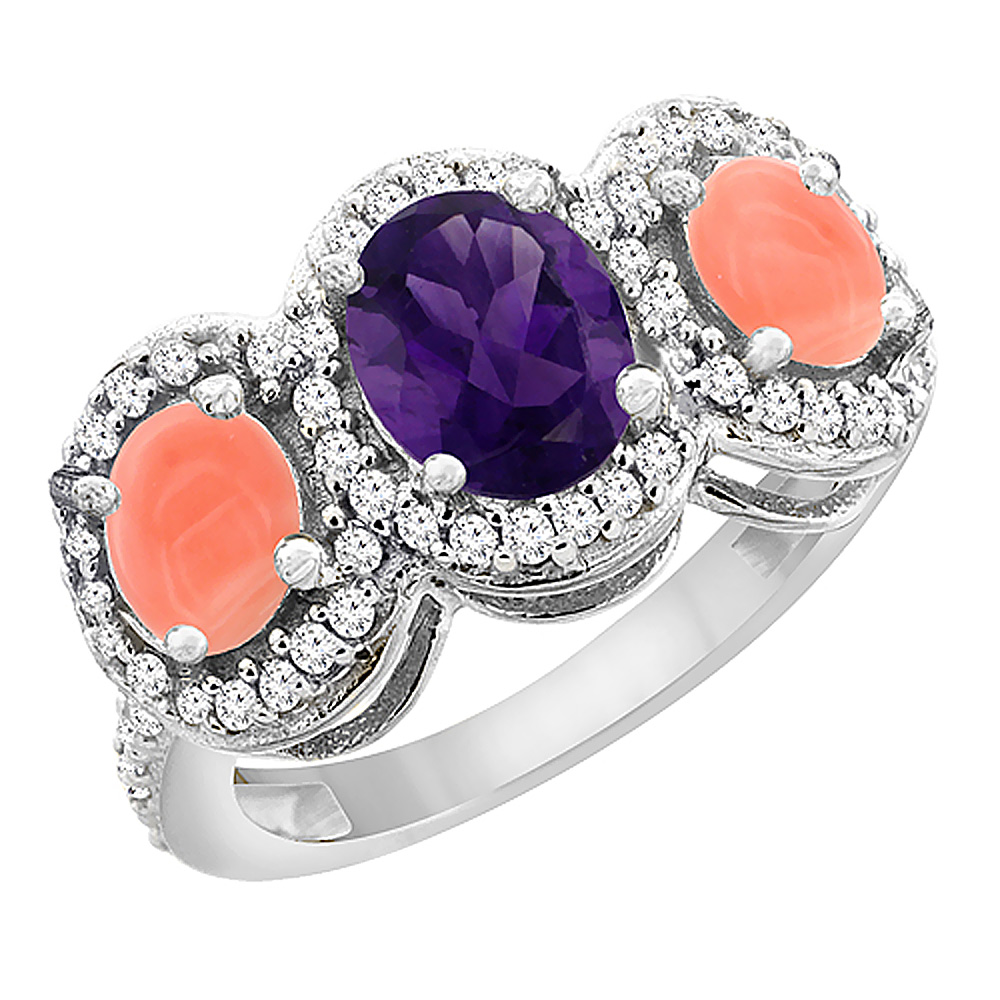 10K White Gold Natural Amethyst &amp; Coral 3-Stone Ring Oval Diamond Accent, sizes 5 - 10
