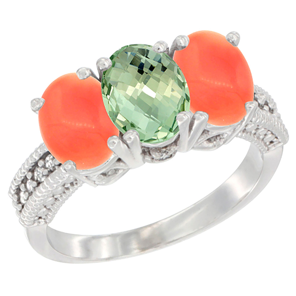10K White Gold Diamond Natural Green Amethyst & Coral Ring 3-Stone 7x5 mm Oval, sizes 5 - 10
