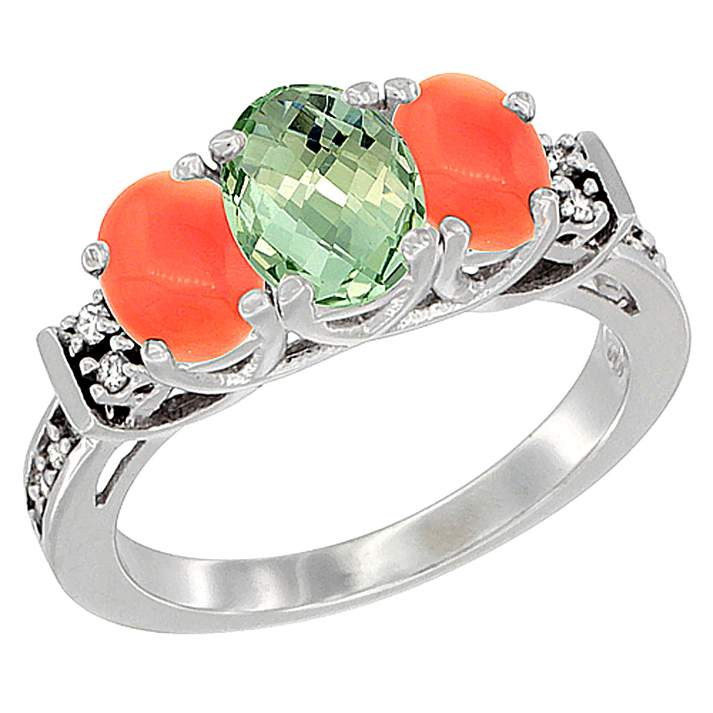 14K White Gold Natural Green Amethyst & Coral Ring 3-Stone Oval Diamond Accent, sizes 5-10