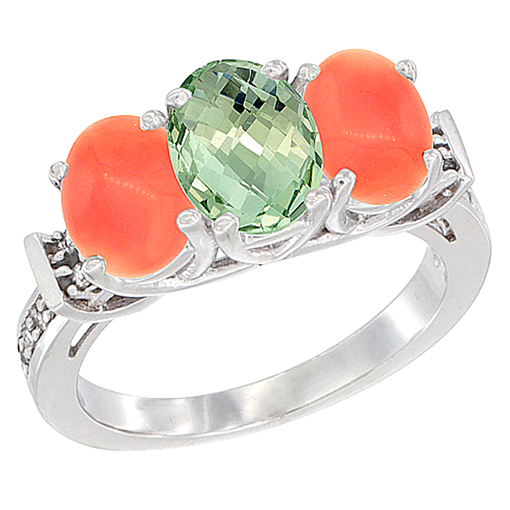 14K White Gold Natural Green Amethyst &amp; Coral Sides Ring 3-Stone Oval Diamond Accent, sizes 5 - 10