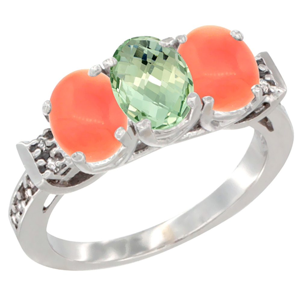 10K White Gold Natural Green Amethyst & Coral Sides Ring 3-Stone Oval 7x5 mm Diamond Accent, sizes 5 - 10