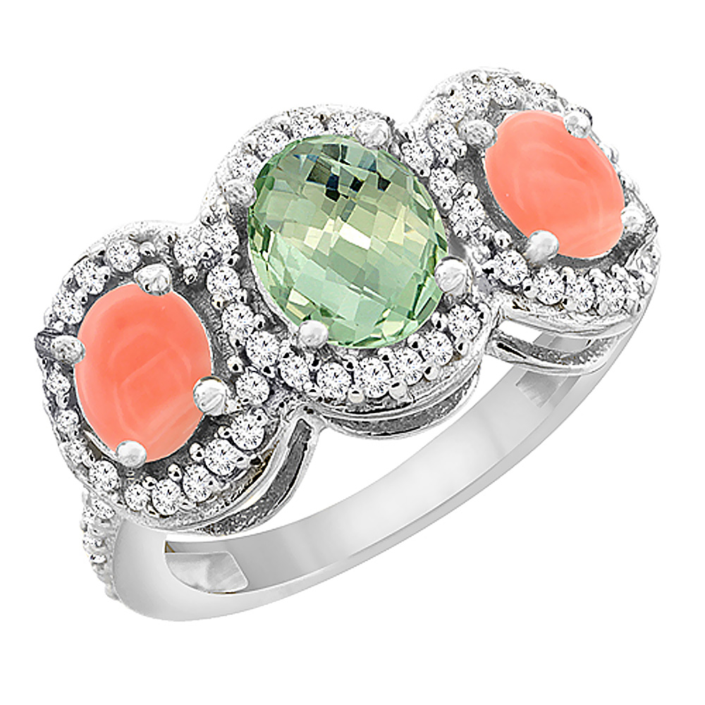 14K White Gold Natural Green Amethyst &amp; Coral 3-Stone Ring Oval Diamond Accent, sizes 5 - 10