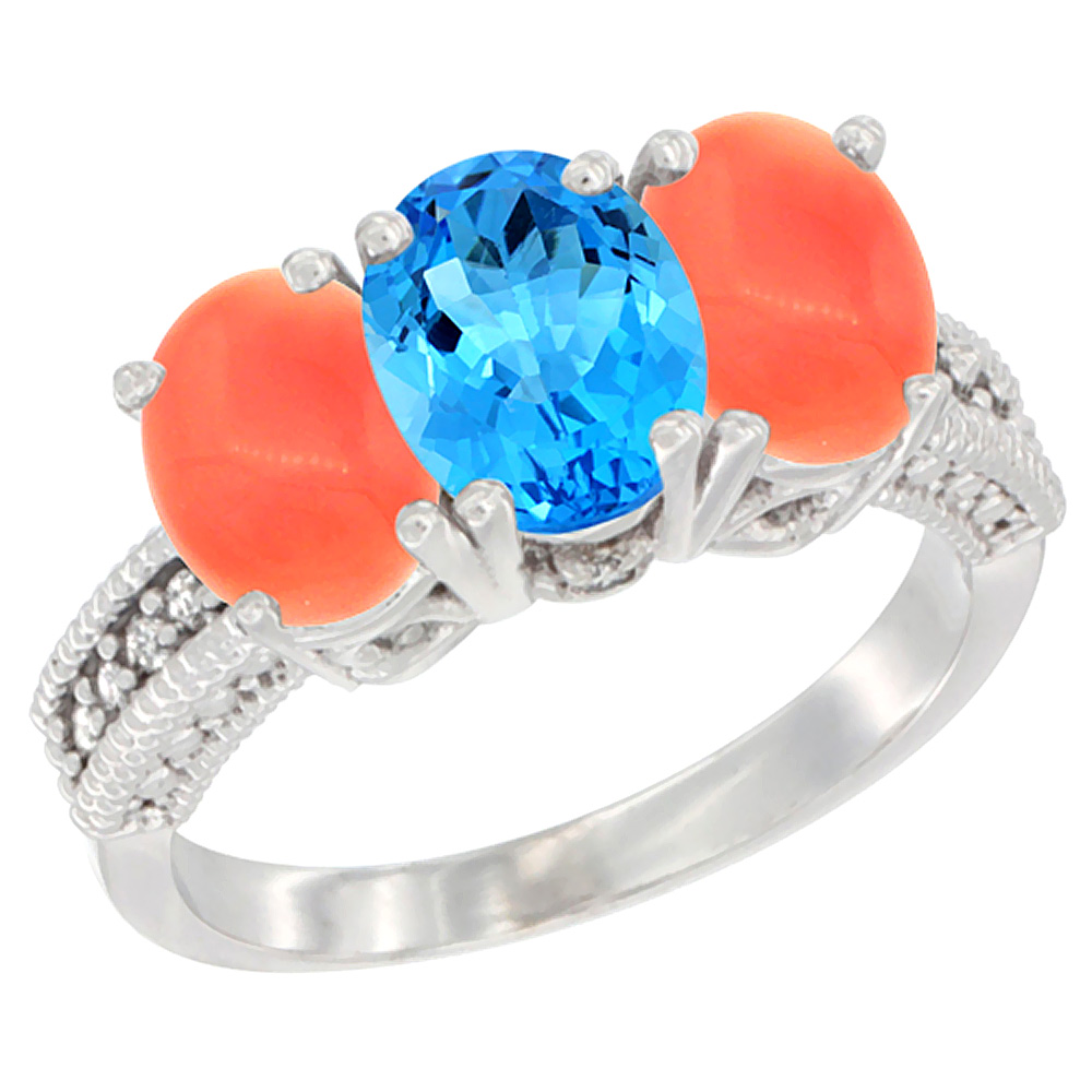 10K White Gold Diamond Natural Swiss Blue Topaz &amp; Coral Ring 3-Stone 7x5 mm Oval, sizes 5 - 10