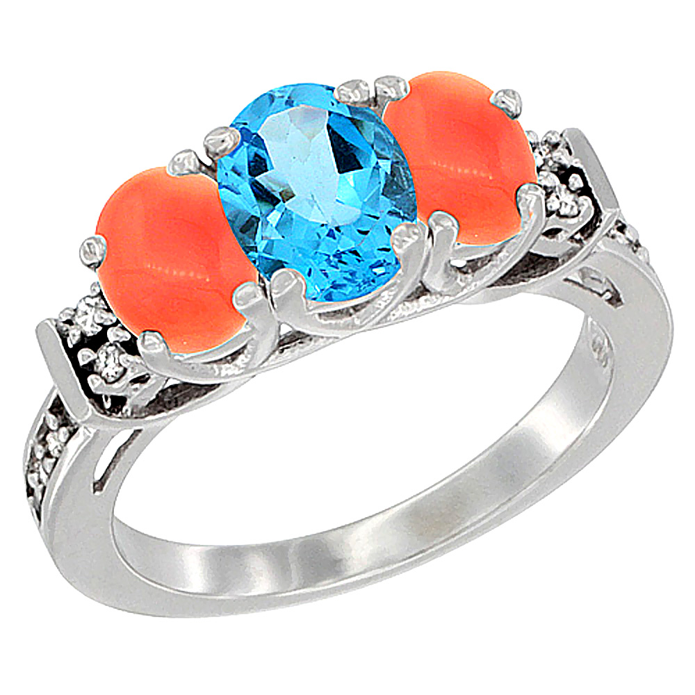 10K White Gold Natural Swiss Blue Topaz & Coral Ring 3-Stone Oval Diamond Accent, sizes 5-10