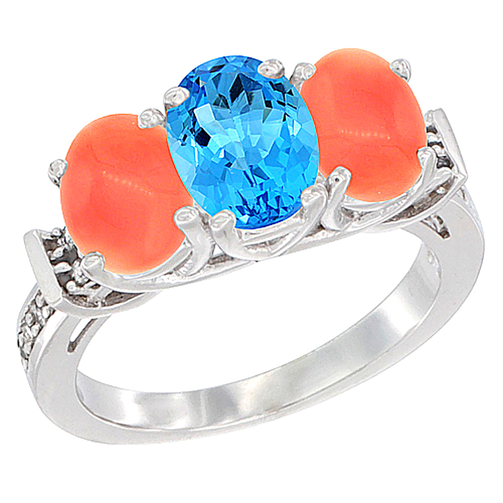14K White Gold Natural Swiss Blue Topaz & Coral Sides Ring 3-Stone Oval Diamond Accent, sizes 5 - 10