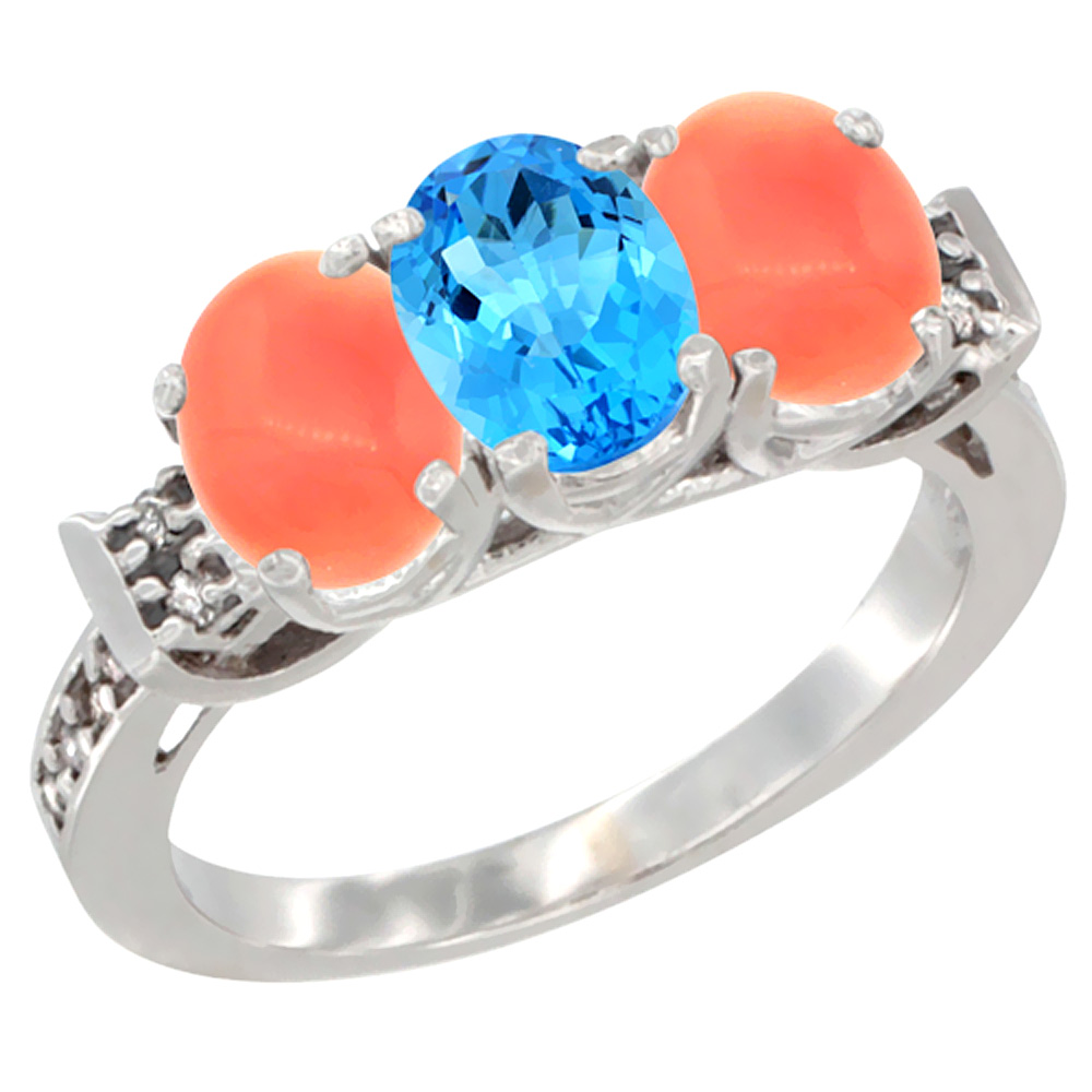 14K White Gold Natural Swiss Blue Topaz &amp; Coral Ring 3-Stone 7x5 mm Oval Diamond Accent, sizes 5 - 10