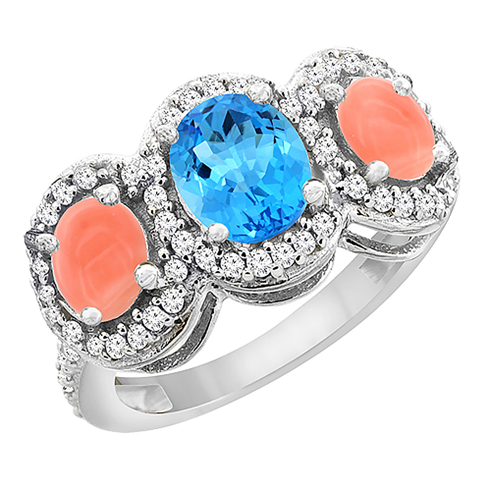 14K White Gold Natural Swiss Blue Topaz & Coral 3-Stone Ring Oval Diamond Accent, sizes 5 - 10
