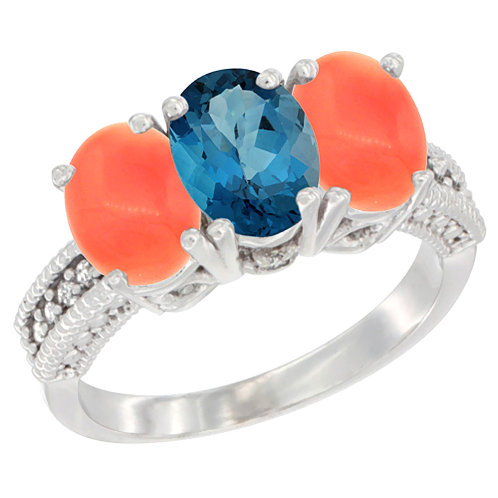 14K White Gold Natural London Blue Topaz Ring with Coral 3-Stone 7x5 mm Oval Diamond Accent, sizes 5 - 10