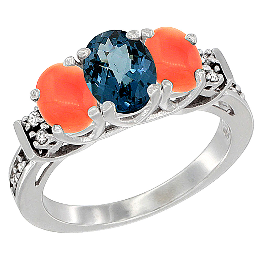 14K White Gold Natural London Blue Topaz &amp; Coral Ring 3-Stone Oval Diamond Accent, sizes 5-10