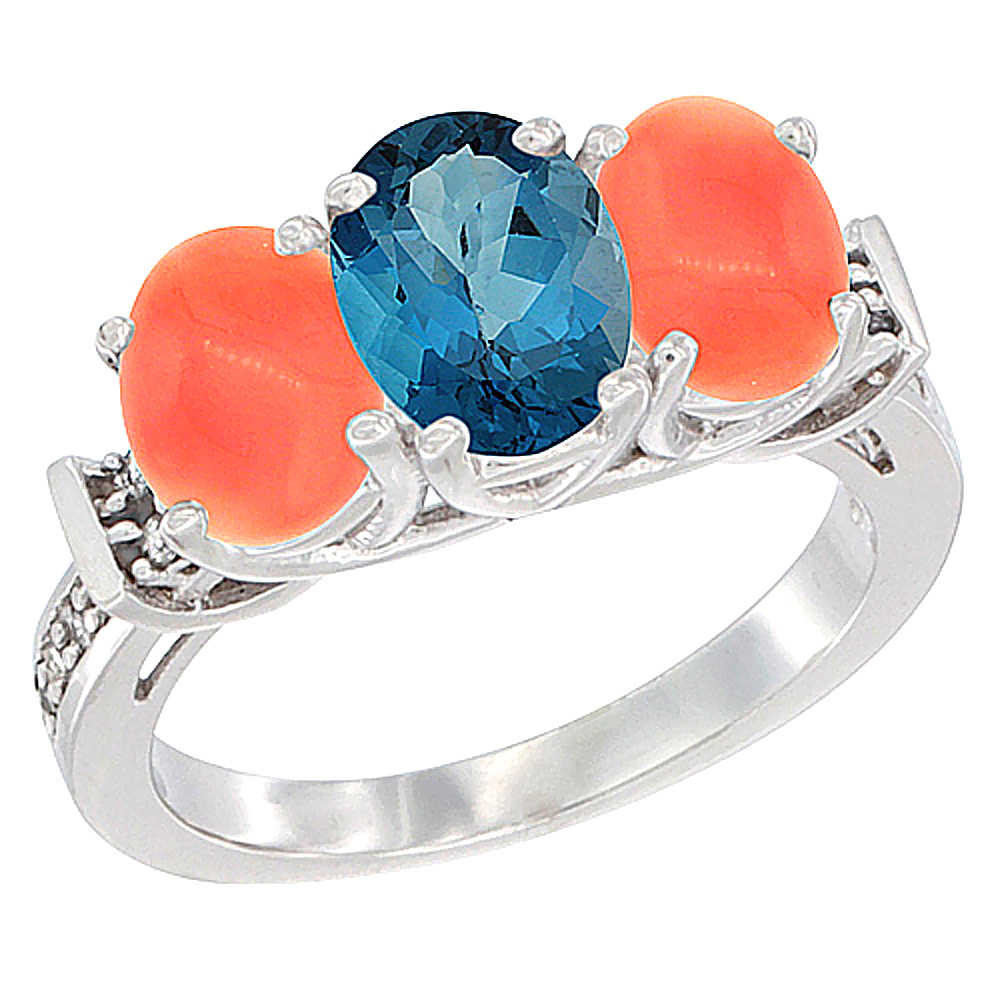 10K White Gold Natural London Blue Topaz & Coral Sides Ring 3-Stone Oval Diamond Accent, sizes 5 - 10