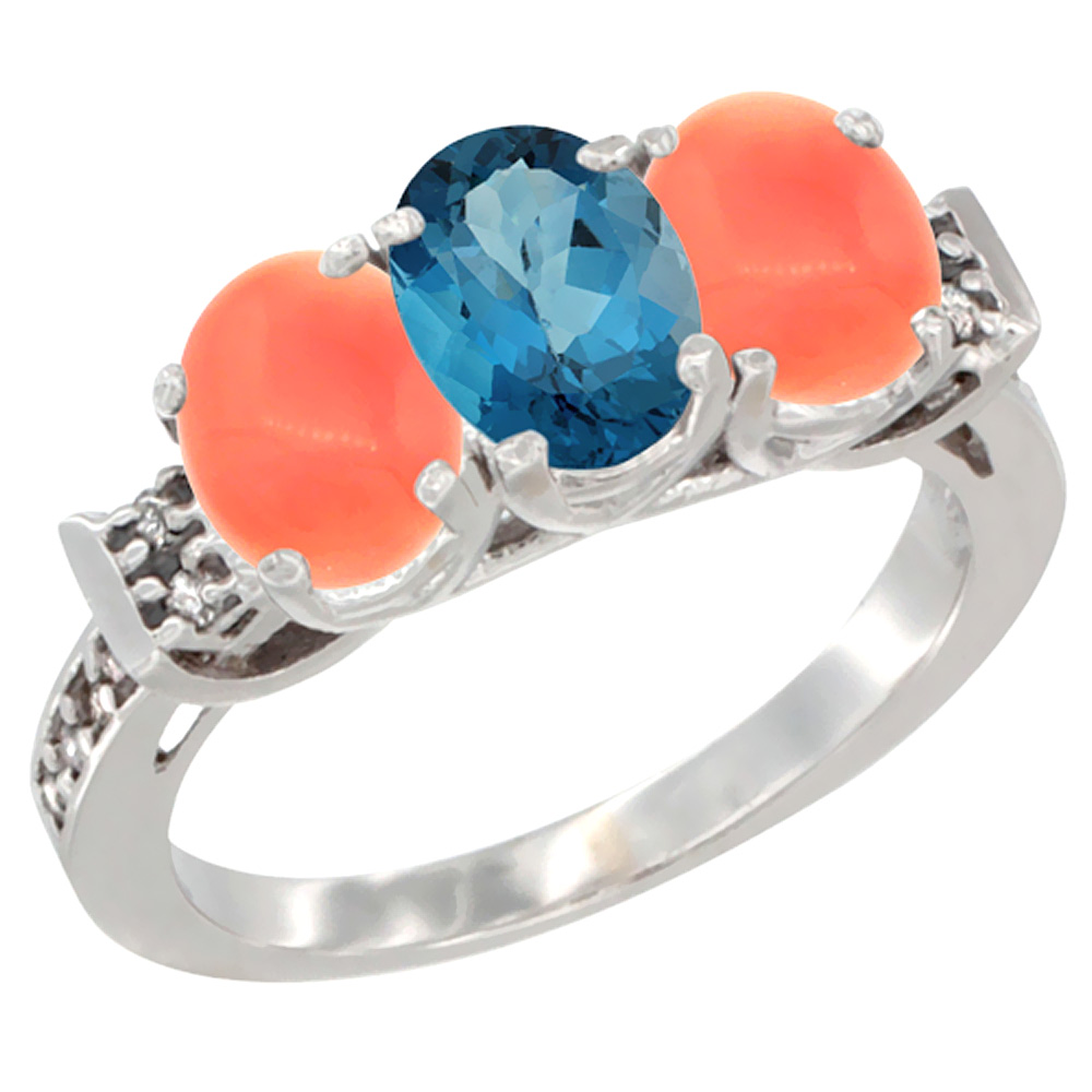 10K White Gold Natural London Blue Topaz &amp; Coral Sides Ring 3-Stone Oval 7x5 mm Diamond Accent, sizes 5 - 10