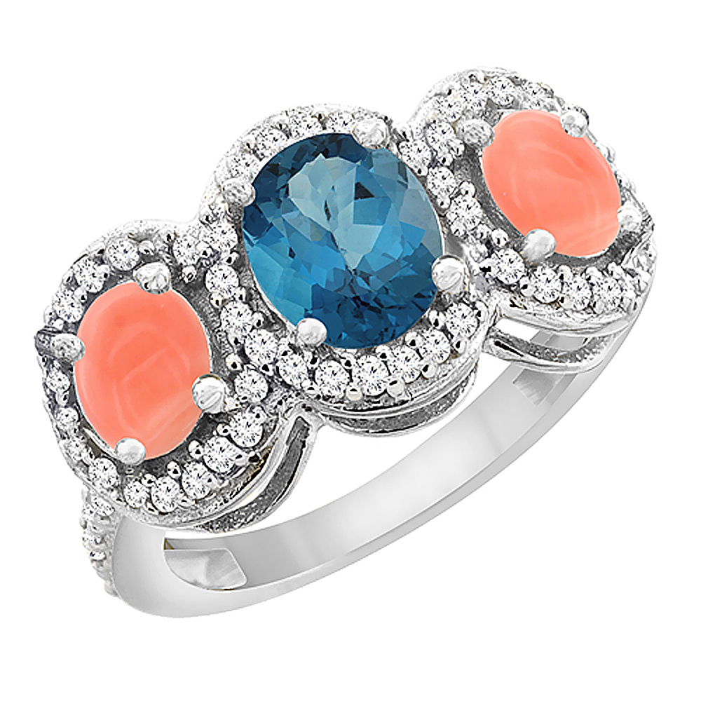 10K White Gold Natural London Blue Topaz &amp; Coral 3-Stone Ring Oval Diamond Accent, sizes 5 - 10