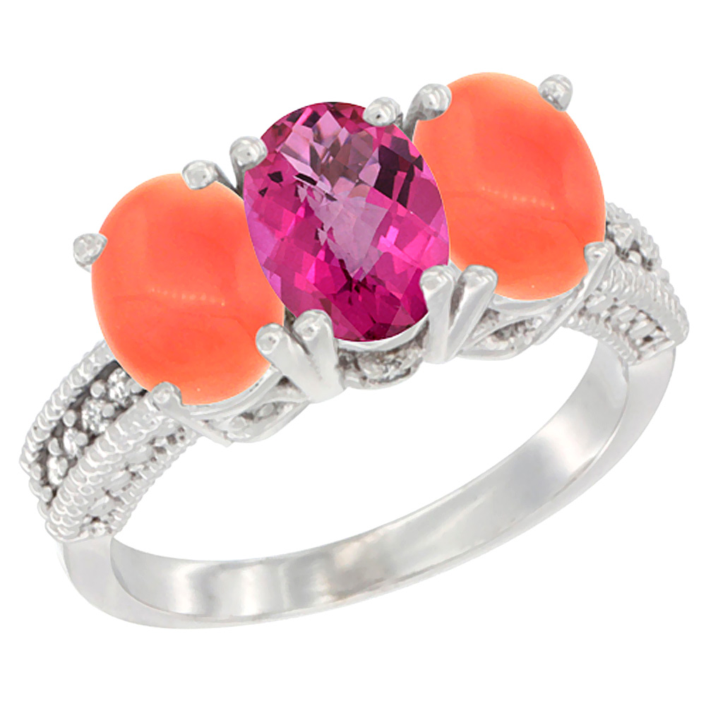 10K White Gold Diamond Natural Pink Topaz &amp; Coral Ring 3-Stone 7x5 mm Oval, sizes 5 - 10